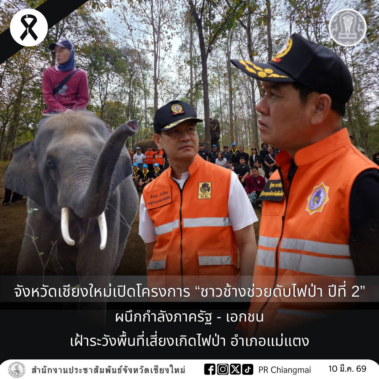 จังหวัดเชียงใหม่เปิดโครงการ &ldquo;ชาวช้างช่วยดับไฟป่า ปีที่ 2&rdquo; ผนึกกำลังภาครัฐ - เอกชน เฝ้าระวังพื้นที่เสี่ยงเกิดไฟป่า อำเภอแม่แตง