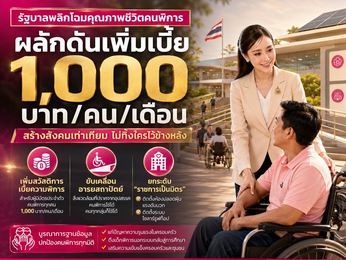 รัฐบาลพลิกโฉมคุณภาพชีวิตคนพิการ ผลักดันเพิ่มเบี้ย 1,000 บาท ดันอารยสถาปัตย์เพื่อคนพิการทั่วประเทศ สร้างสังคมเท่าเทียม