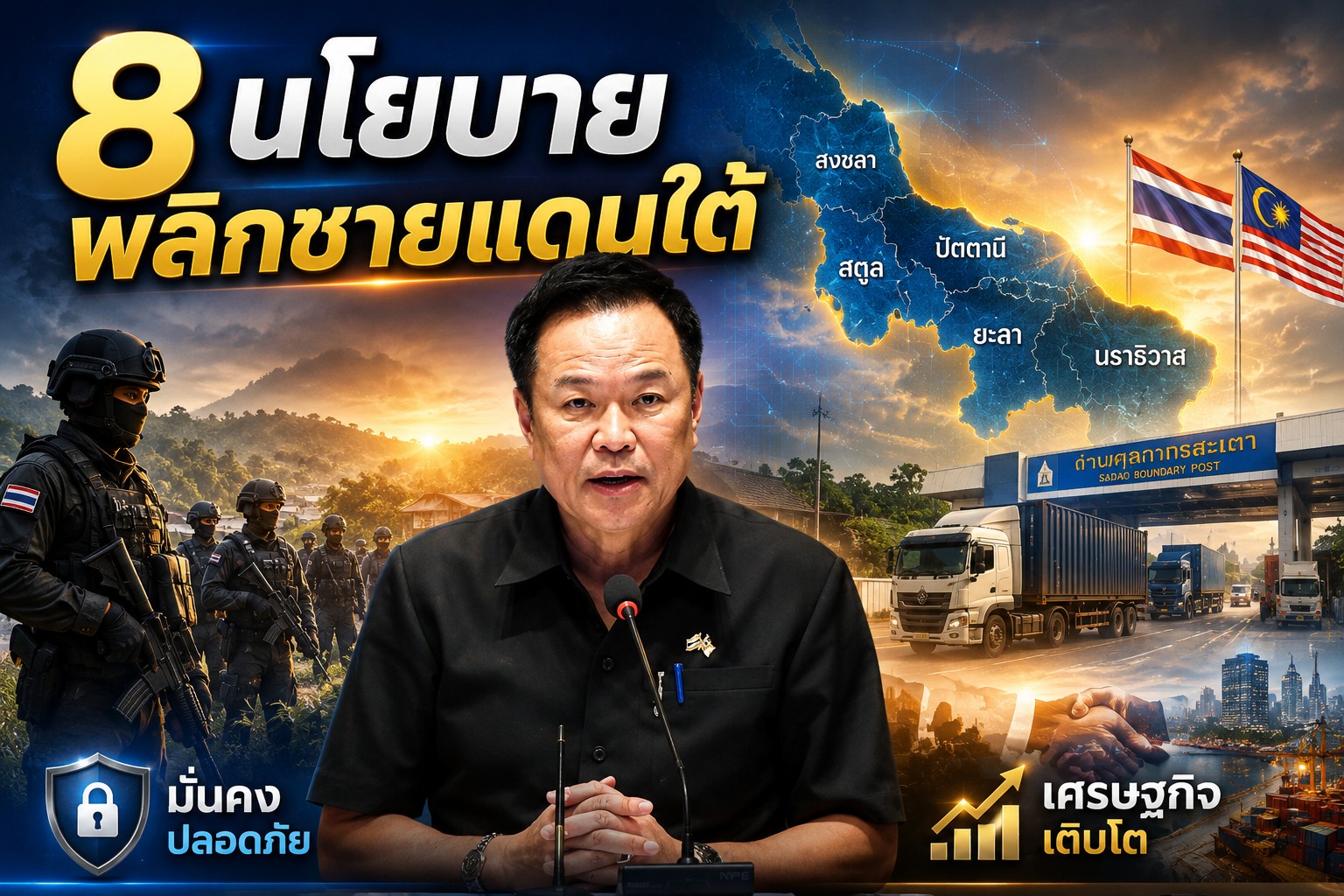 นายกฯ อนุทิน มอบ 8 นโยบายขับเคลื่อนชายแดนใต้ ย้ำ &ldquo;ความมั่นคงต้องเดินคู่เศรษฐกิจ&rdquo;