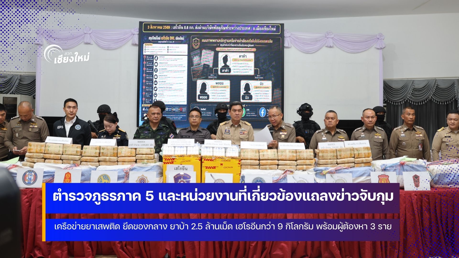 ตร.ภาค5 เชียงใหม่ สกัดจับ ยาบ้า 2.5 ล้านเม็ด เฮโรอีน 8.62 กิโลกรัม พร้อมผู้ต้องหา 2 ราย