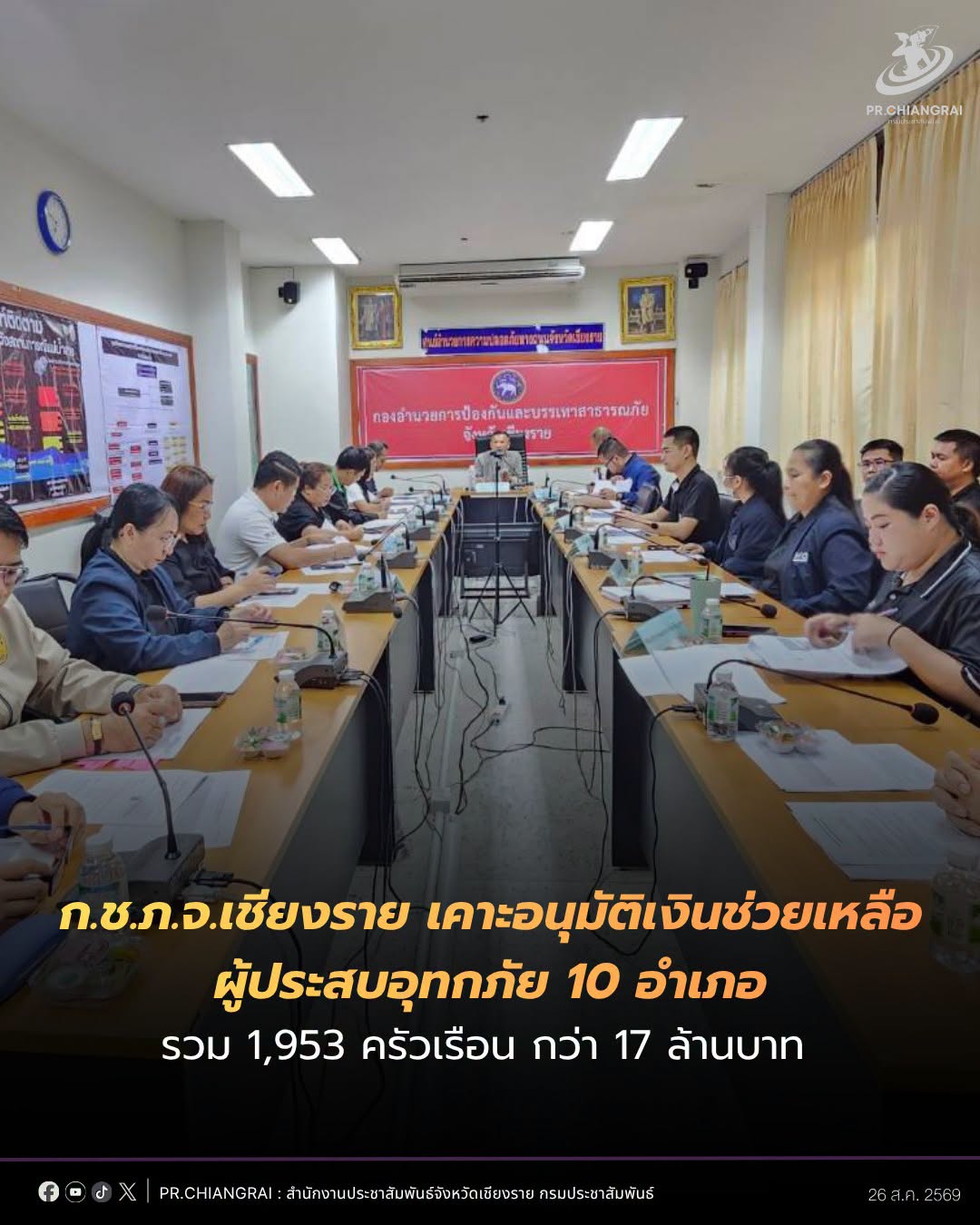 ก.ช.ภ.จ.เชียงราย เคาะอนุมัติเงินช่วยเหลือผู้ประสบอุทกภัย 10 อำเภอ รวม 1,953 ครัวเรือน วงเงินกว่า 17 ล้านบาท