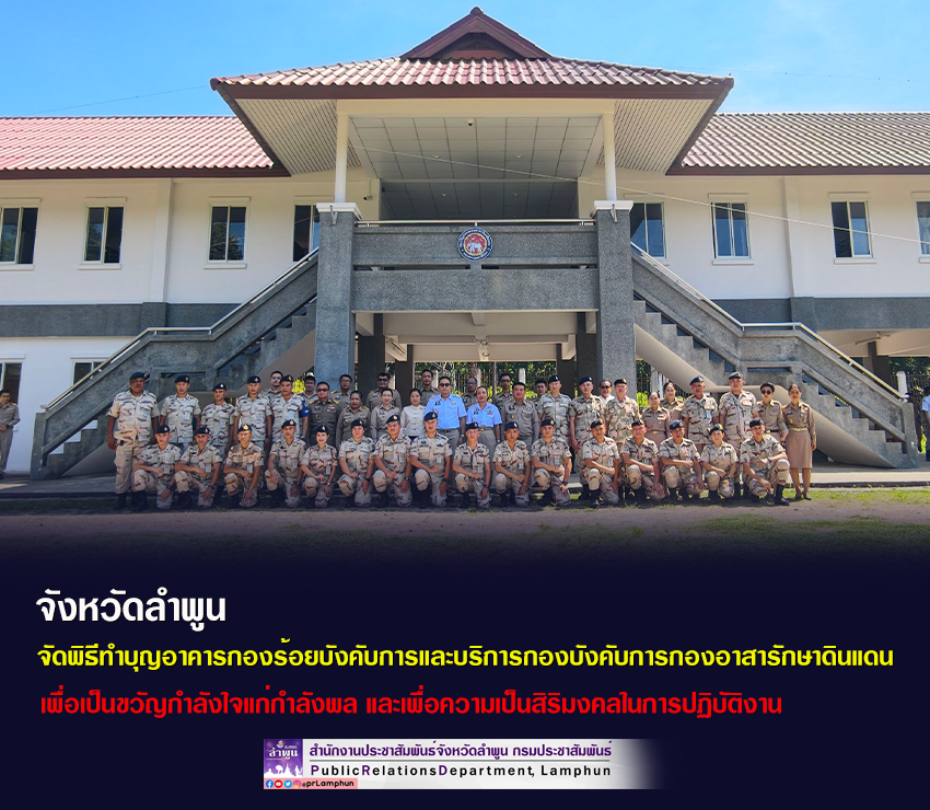 จังหวัดลำพูน จัดพิธีทำบุญอาคารกองร้อยบังคับการและบริการกองบังคับการกองอาสารักษาดินแดนจังหวัดลำพูน เพื่อเป็นขวัญกำลังใจแก่กำลังพล
