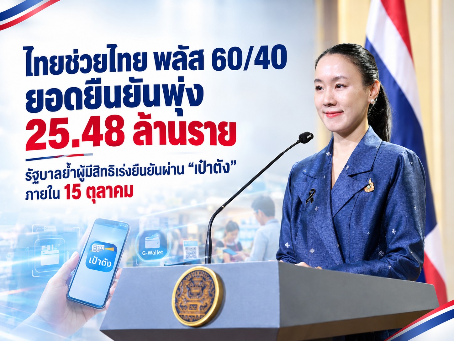 รัฐบาลย้ำ &ldquo;ไทยช่วยไทย พลัส 60/40&rdquo; หากไม่สะดวกยืนยันสิทธิผ่านแอป &ldquo;เป๋าตัง&rdquo; สามารถรับบริการได้ที่ธนาคารกรุงไทยทั่วประเทศย้ำประชาชนกดยืนยันสิทธิภายใน 15 ต.ค. นี้