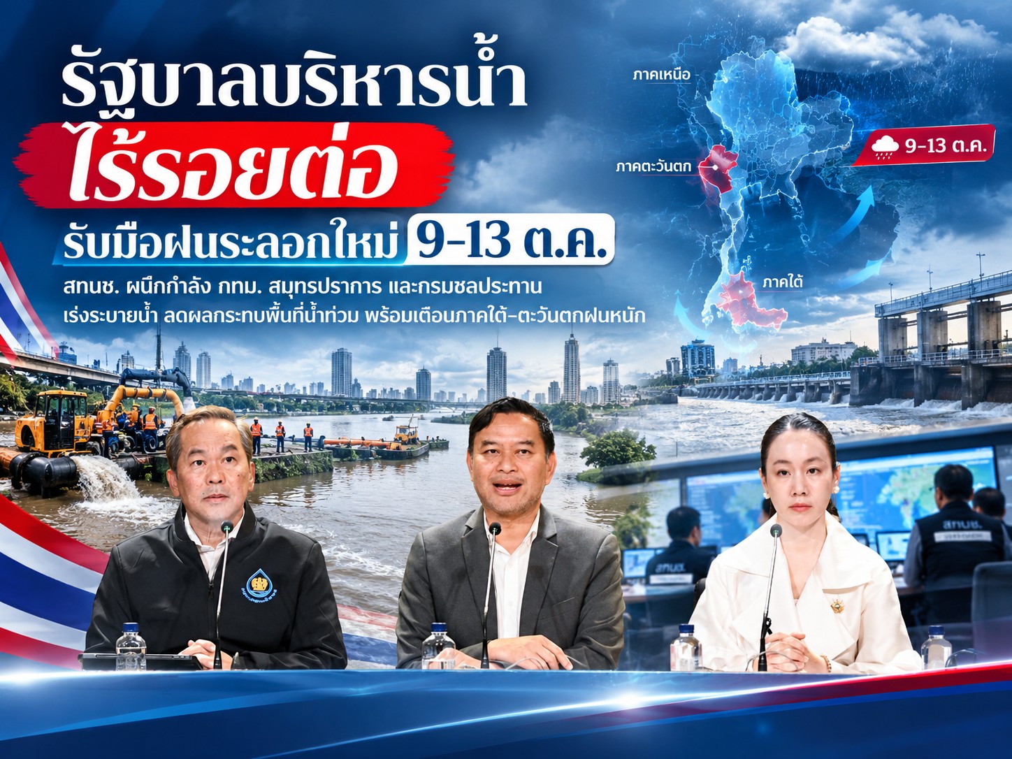 โฆษกรัฐบาลย้ำ รัฐบาลบริหารน้ำไร้รอยต่อ ประสานกรุงเทพฯ สมุทรปราการ กรมชลประทาน และ สทนช. เร่งช่วยประชาชนในพื้นที่น้ำท่วม