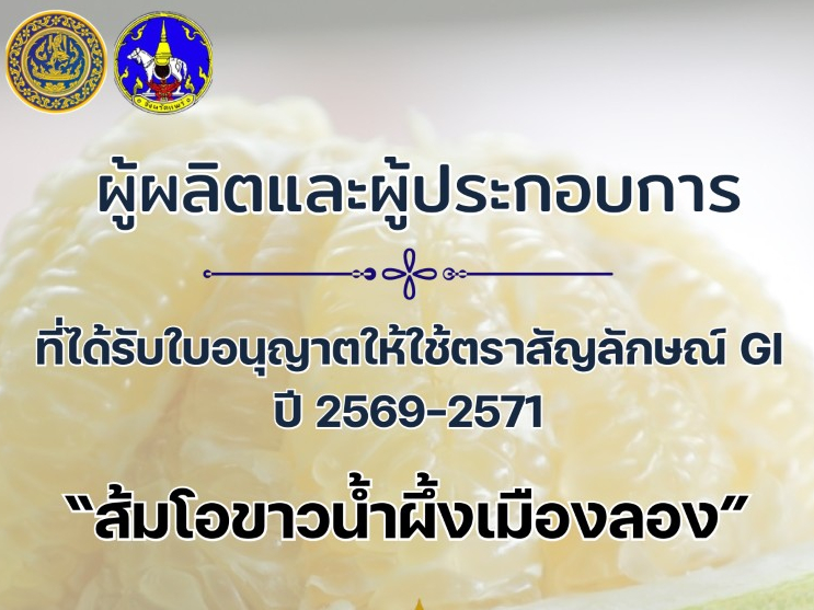 ยกระดับผลไม้ขึ้นชื่อเมืองแพร่! &ldquo;ส้มโอขาวน้ำผึ้งเมืองลอง&rdquo; การันตีคุณภาพด้วยตราสัญลักษณ์สิ่งบ่งชี้ทางภูมิศาสตร์ (GI) ปี 2569&ndash;2571 ตอกย้ำรสชาติหวานอมเปรี้ยว เนื้อแน่น แห้ง ไม่ฉ่ำน้ำ จากแหล่งปลูกอำเภอลองและอำเภอวังชิ้น